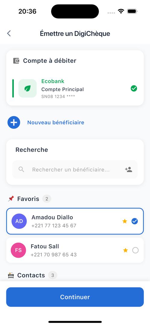 Sélection du bénéficiaire pour l'émission d'un DigiChèque - Interface avec comptes et contacts favoris